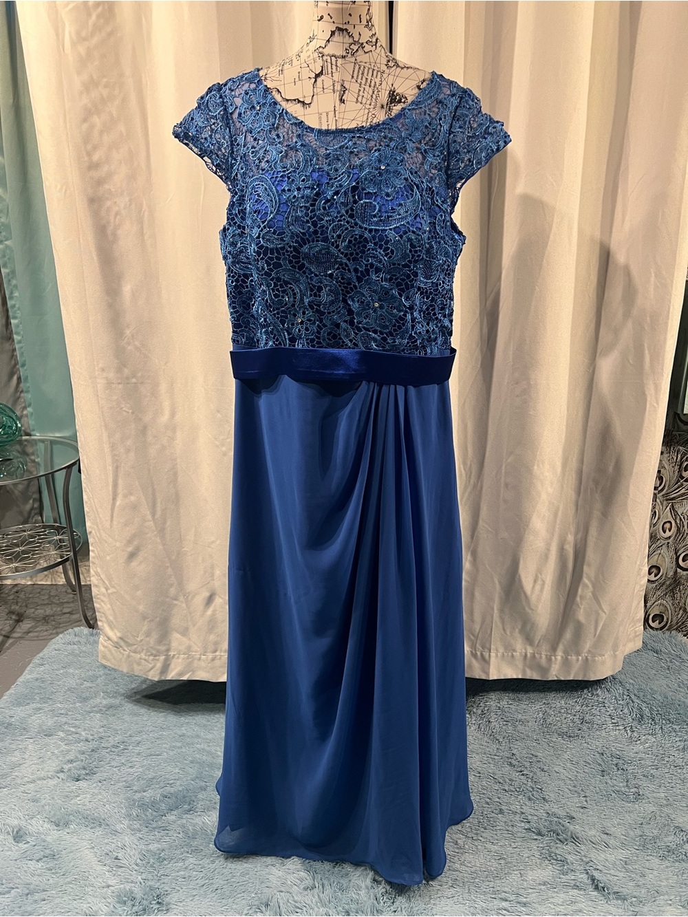 LanTing Bride Lace Bodice Cap-Sleeve Maxi Dress in Royal Blue NWT